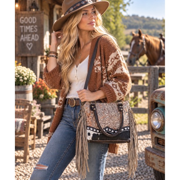 Myra Bag Handbags - Myra Bag Katherina Cowhide Paisley Leather Fringe Western Crossbody Satchel